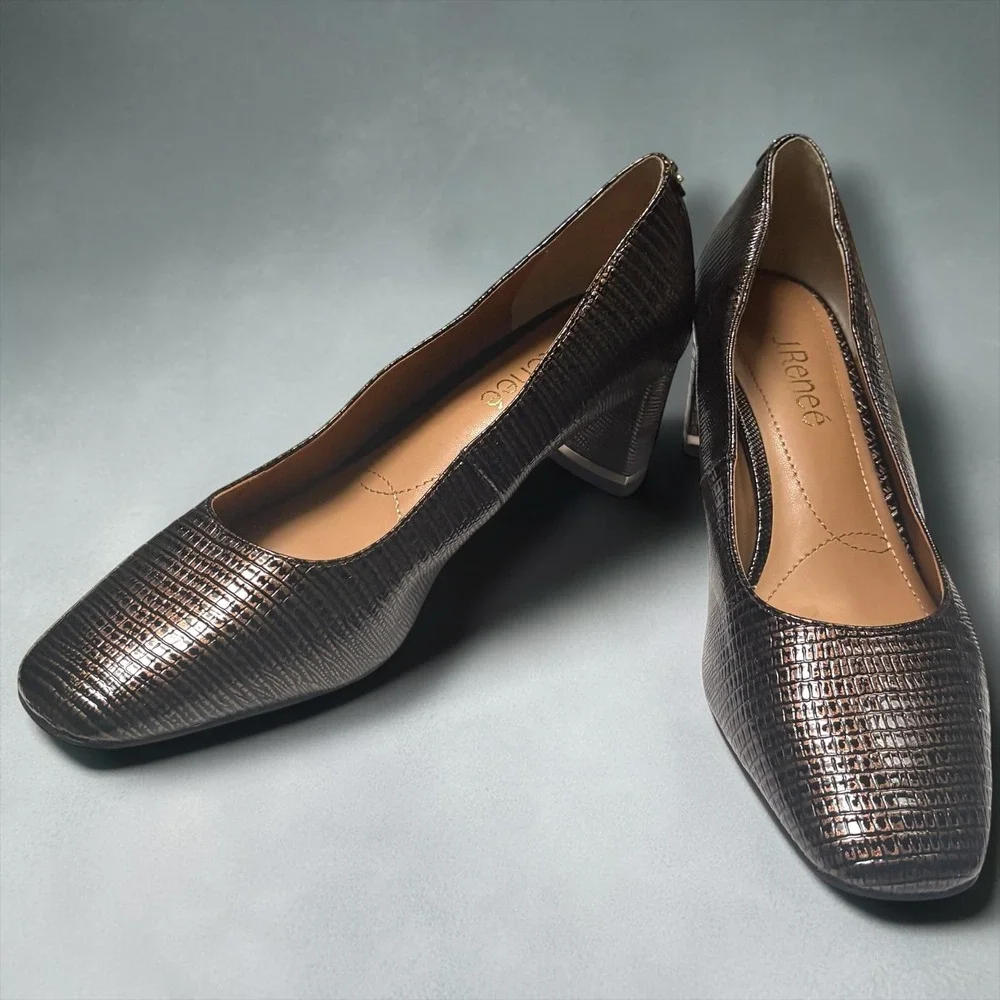 J. Renee Bronze Metallic Lizard Embossed Square Toe Block Heel Pumps